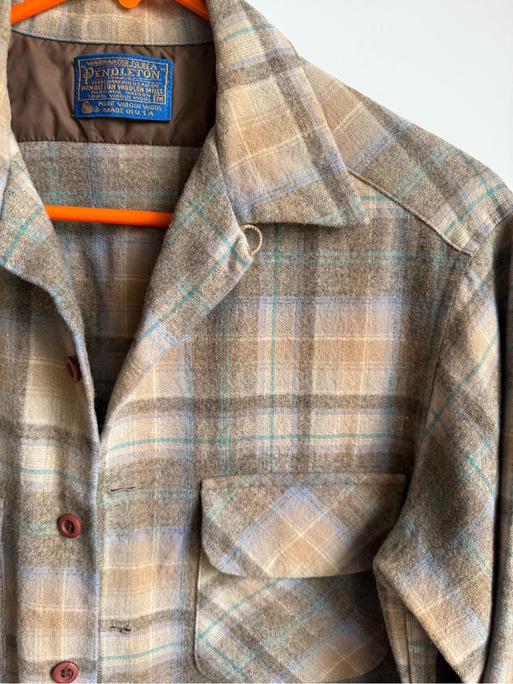 VTG 60-70s Pendleton Board Shirt M Tan Shadow Plaid Wool Loop Collar Flap Pocket